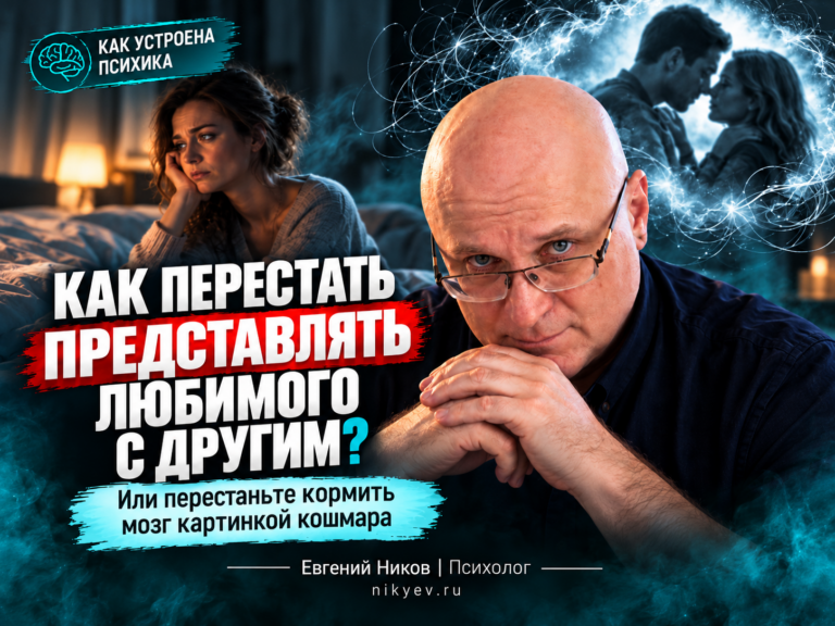 Психолог Евгений Ников и переживающая женщина на фоне воображаемой сцены близости пары — обложка о навязчивых образах после измены